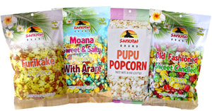 Bags of packaged popcorn in flavors: Furikake, Moana (Sweet & Salty), Pupu Popcorn, Old Fashioned.